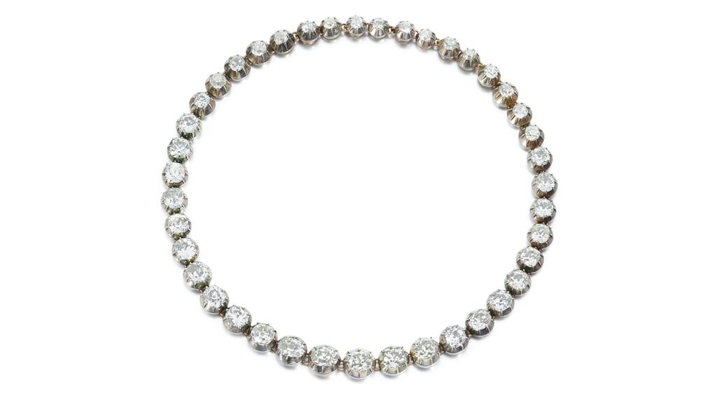 Princess Eudoxia’s rivière necklace likely contains diamonds from an earlier necklace that her father (Ferdinand I) gave to her mother as a wedding gift in 1893, according to Sotheby’s. Princess Eudoxia’s diamond rivière necklace